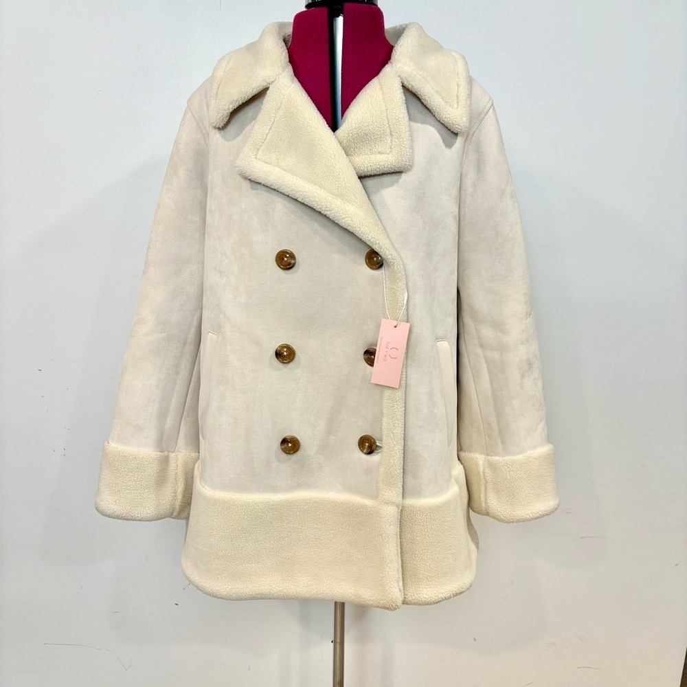 FOX & WIT Faux Leather Faux Sherpa Lined Double Breasted Jacket Coat NEW sz 2X